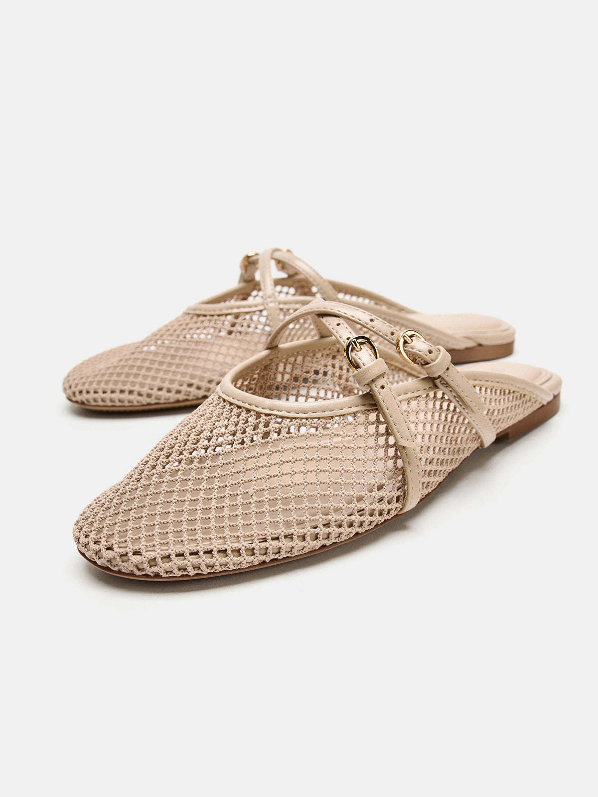 Bone Mesh Round-Toe Buckle Crossed Straps Backless Flats
