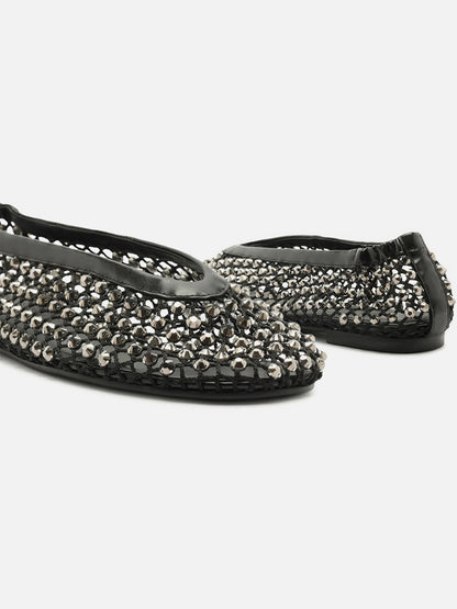 Black Rhinestone Mesh Round-Toe Slip-On Ballet Flats