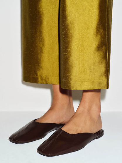 Patent Coffee Square-Toe Backless Slip-On Flat Mules