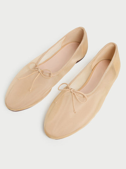 Tan Mesh Round-Toe Chic Front Bow Slip-On Ballet Flats