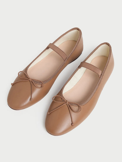 Khaki Vegan Leather Round-Toe Mary Jane Front Bow Ballet Flats