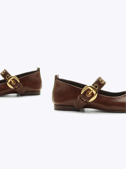 Maroon Square-Toe Buckle Wide Mary Jane Strap Ballet Flats