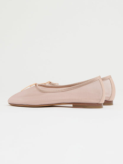 Beige Mesh Round-Toe Simple Chic Ballet Flats With Front Bow