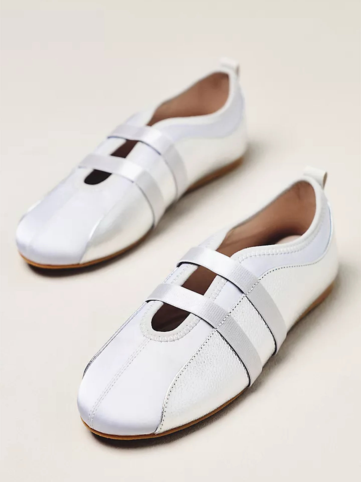 Silver Vegan Leather And Satin Round-Toe Double Middle Strap Sporty Ballet Sneakers