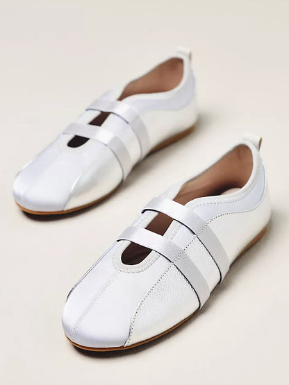 Silver Vegan Leather And Satin Round-Toe Double Middle Strap Sporty Ballet Sneakers