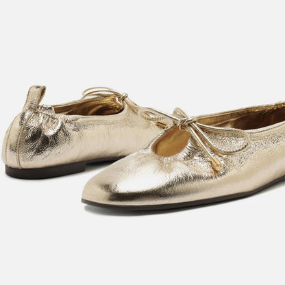 Metallic Gold Round-Toe Front Strap Fashion Slip-On Ballet Flats