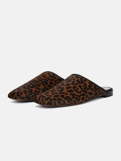Brown Leopard Pattern Square-Toe Chic Backless Simple Flats