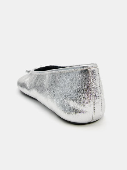 Metallic Silver Square-Toe Chic Front Bow Slip-On Classic Ballet Flats