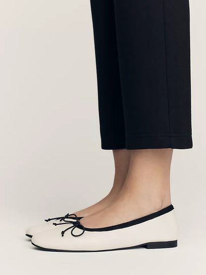 Ivory Round-Toe Slip-On Classic Ballet Flats With Front Bow