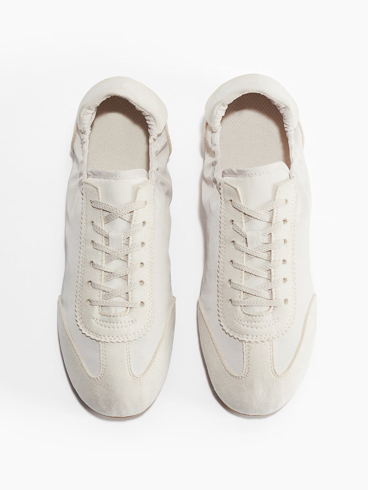 Ivory Satin And Cow Suede And Cow Leather Round-Toe Lace-Up Flats Sneakers