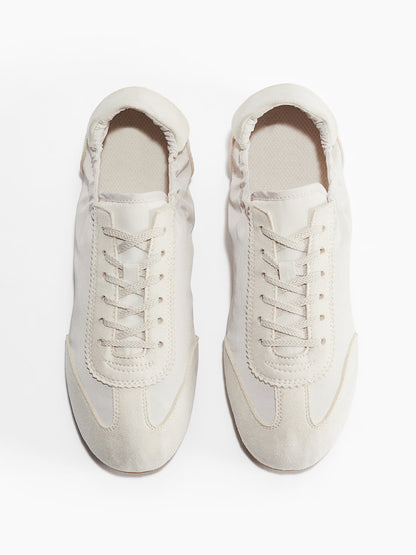 Ivory Satin And Cow Suede And Cow Leather Round-Toe Lace-Up Flats Sneakers