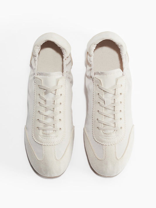 Ivory Satin And Cow Suede And Cow Leather Round-Toe Lace-Up Flats Sneakers