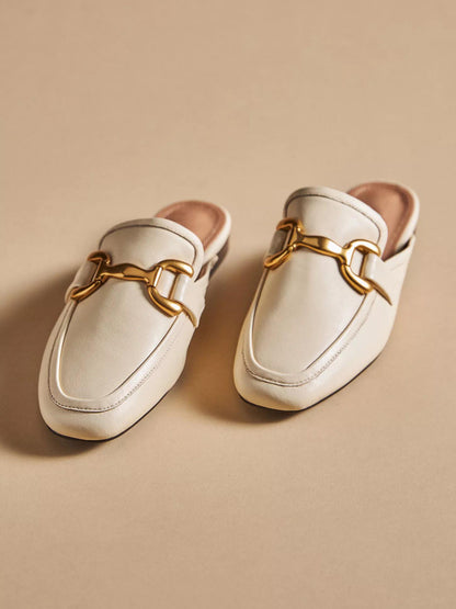 Ivory Vegan Leather Square-Toe Slip-On Backless Loafers Flats