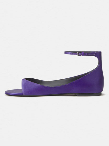 Purple Satin Square-Toe Buckle Ankle Strap Flats Sandals