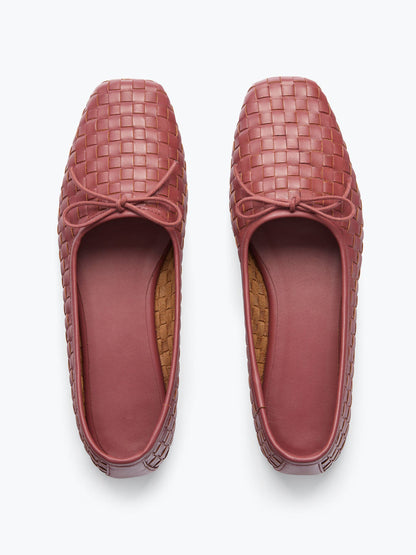 Woven Vegan Leather Square-Toe Front Bow Slip-On Ballet Flats - Brick Brown