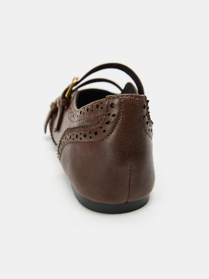 Brown Square-Toe Double Middle Straps With Buckle Chic Ballet Flats