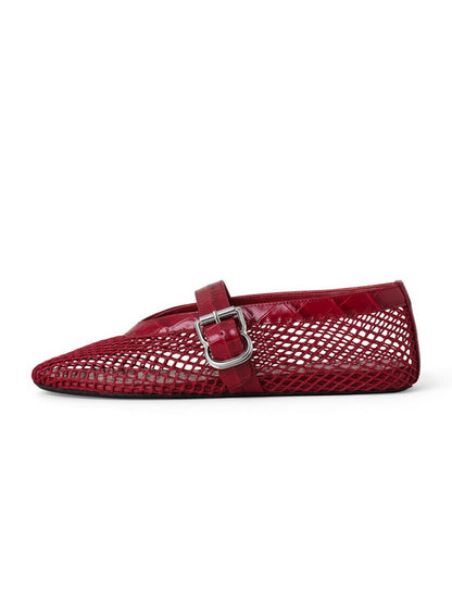 Red Mesh And Crocodile Pattern Vegan Leather Round-Toe Mary Jane Ballet Flats