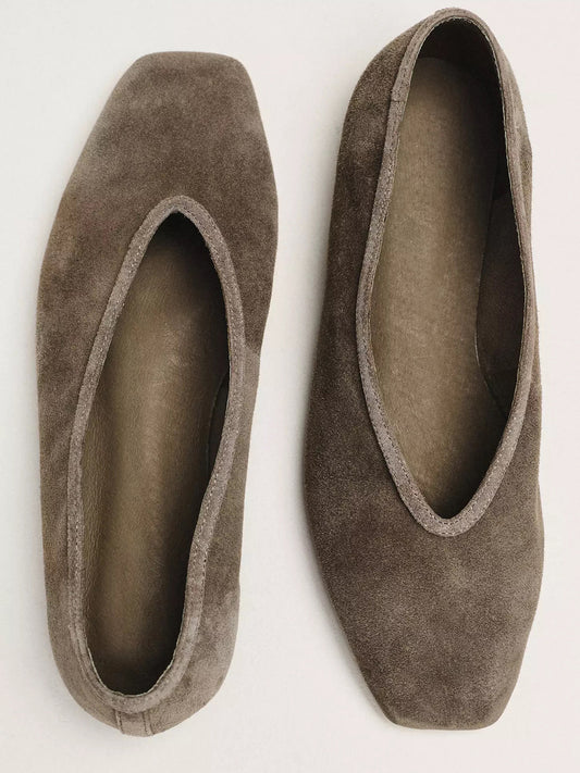 Brown Faux Suede Square-Toe Simple Slip-On Ballet Flats