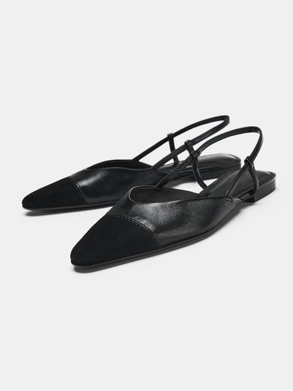 Black Vegan Leather And Faux Suede Pointed-Toe Back Strap Chic Flats