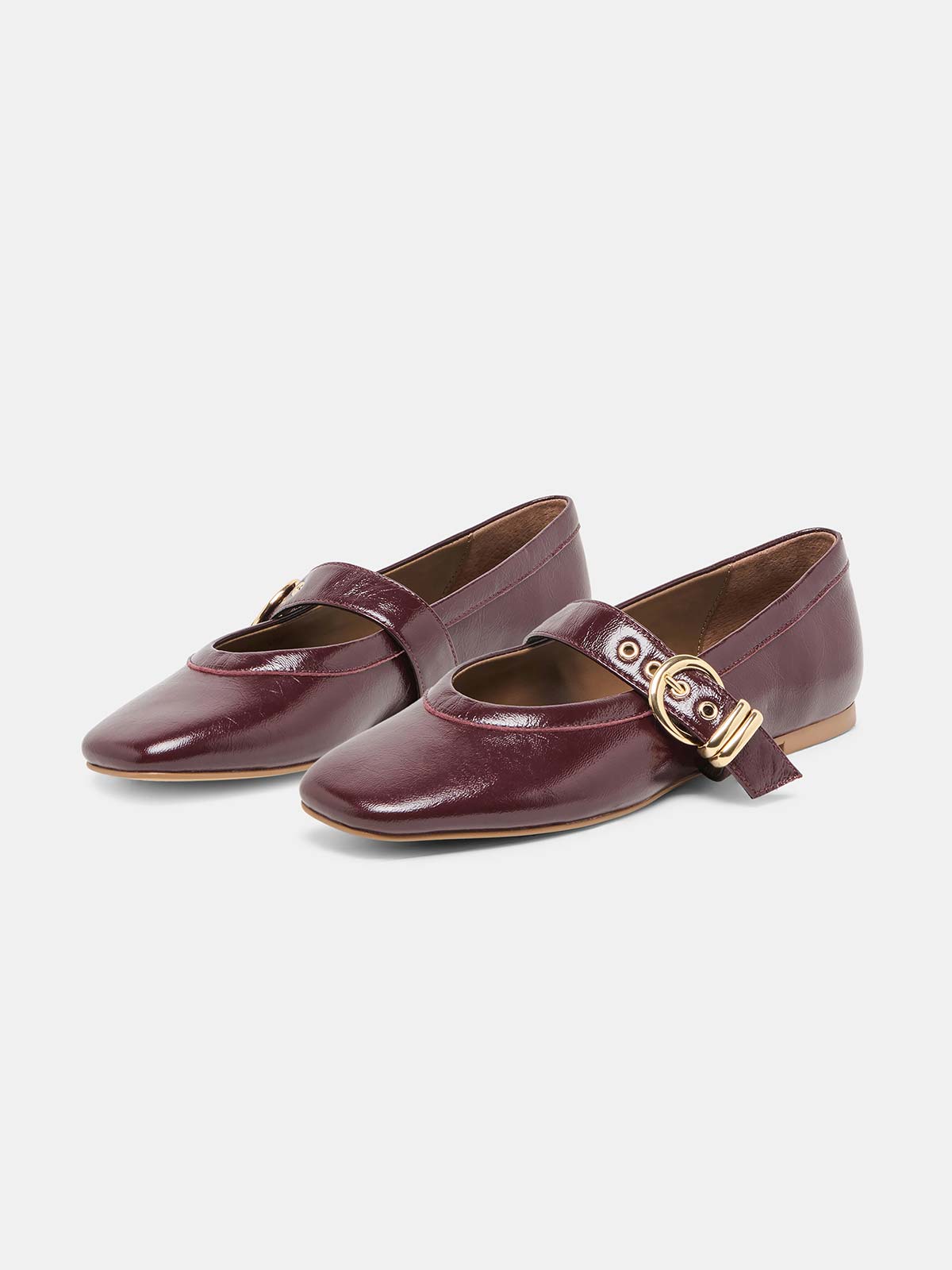 Burgundy Square-Toe Buckle Mary Jane Strap Ballet Flats