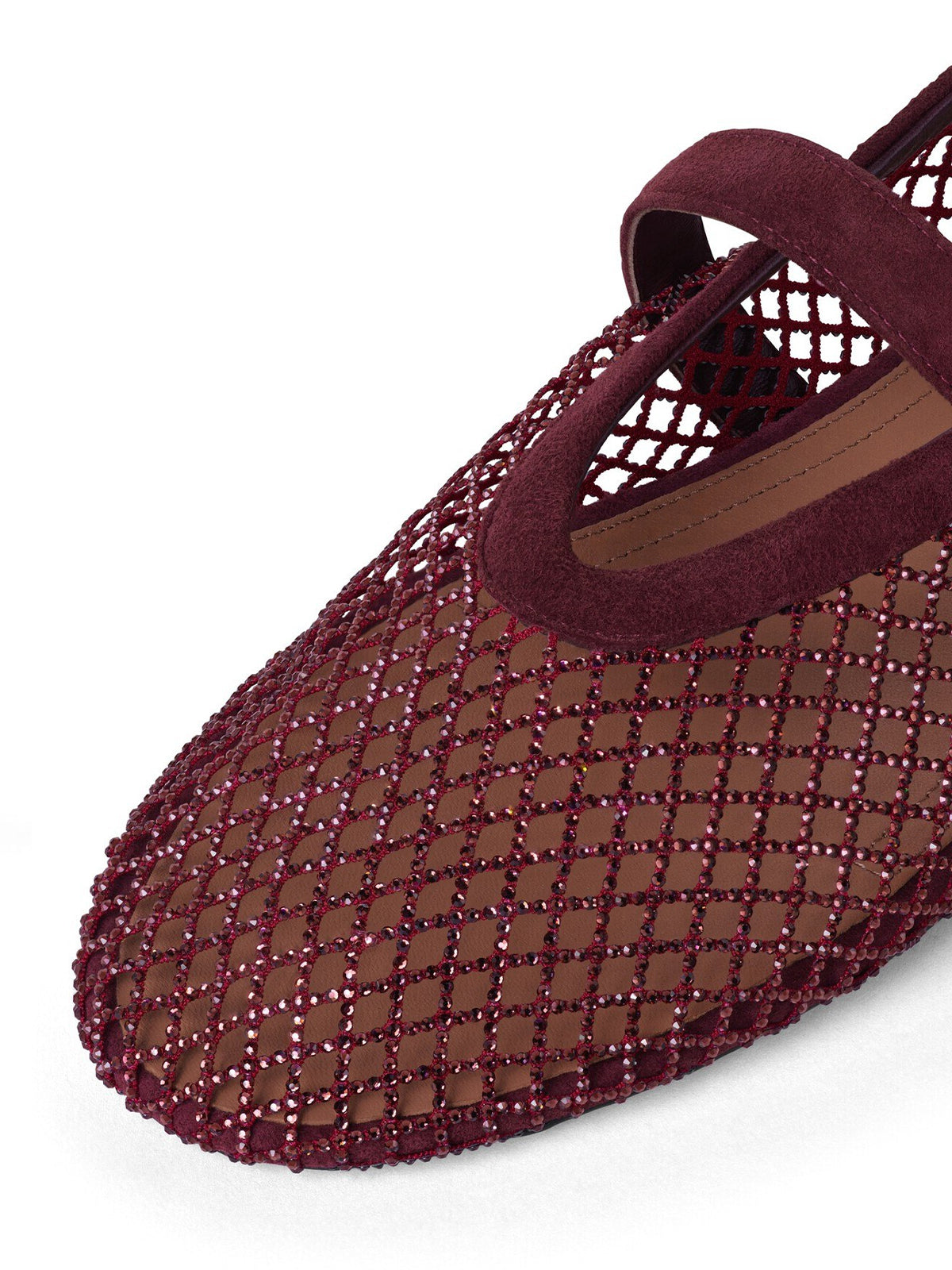 Dark Red Mesh And Faux Suede Round-Toe Buckle Mary Jane Ballet Flats