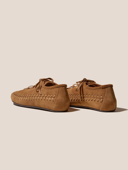 Tan Faux Suede Round-Toe Lace-Up And Braided-Detail Sporty Flats
