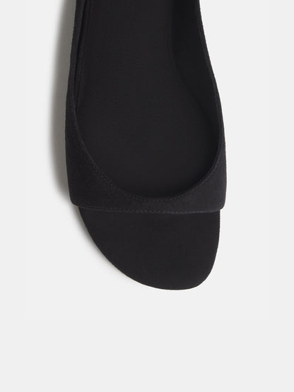 Black Faux Suede Square-Toe Buckle Ankle Strap Flats Sandals