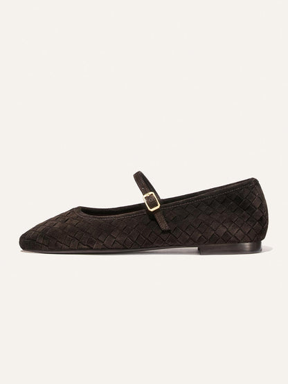 Chocolate Woven Faux Suede Square-Toe Mary Jane Chic Ballet Flats