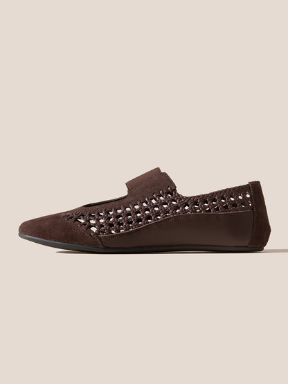 Dark Brown Woven Vegan Leather Round-Toe Chic Mary Jane Flats
