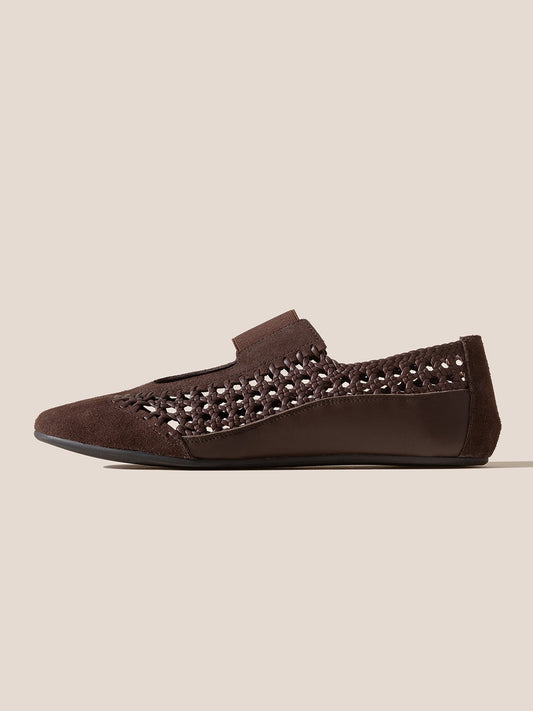 Dark Brown Woven Vegan Leather Round-Toe Chic Mary Jane Flats