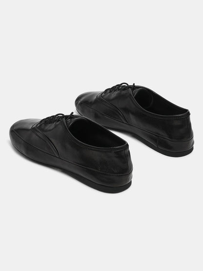 Black Round-Toe Lace-Up Slip-On Chic Flats