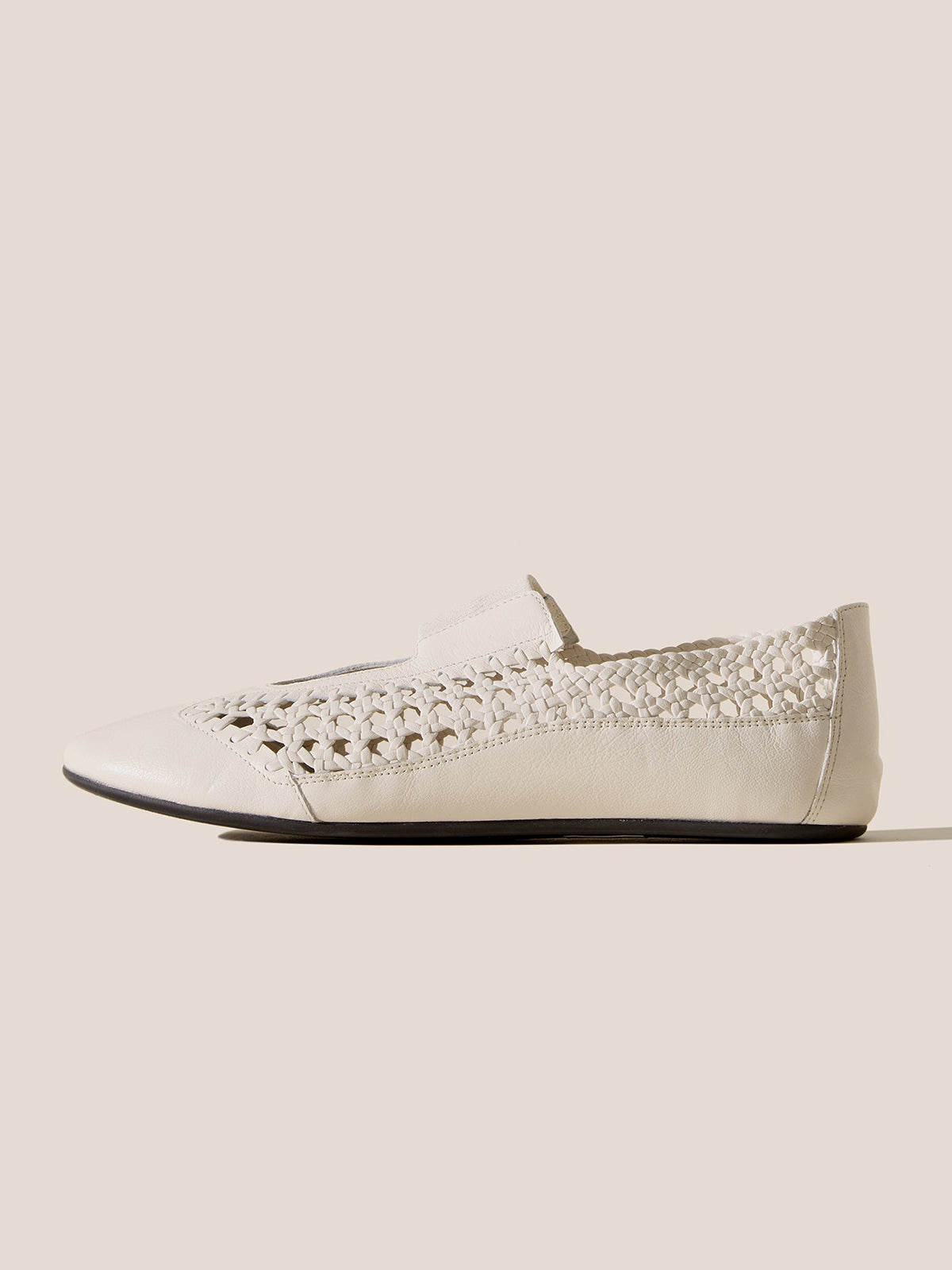 Cream Woven Vegan Leather Round-Toe Chic Mary Jane Flats