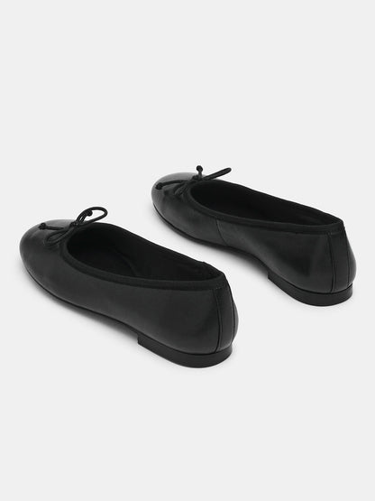 Black Round-Toe Simple Slip-On Ballet Flats With Front Bow