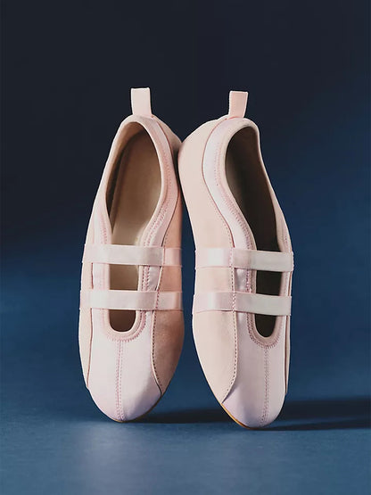 Pink Faux Suede And Satin Round-Toe Double Middle Strap Sporty Ballet Sneakers