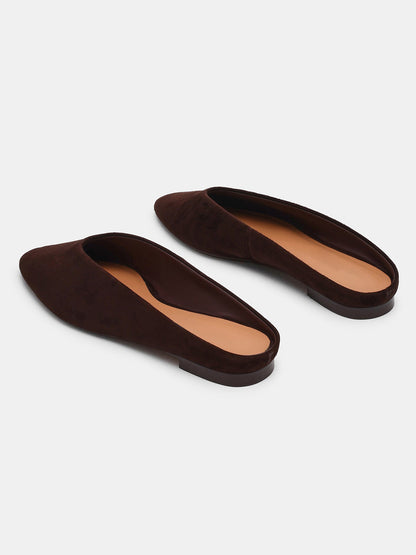 Brown Faux Suede Pointed-Toe Backless Simple Slip-On Flats