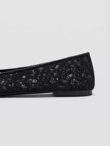 Black Lace Mesh And Vegan Leather Round-Toe Front Bow Chic Ballet Flats