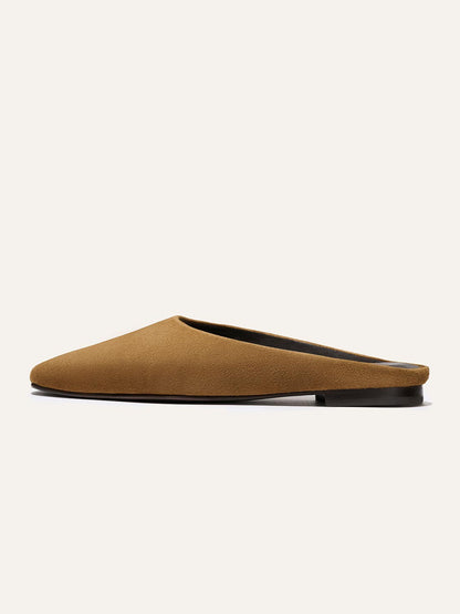Backless Square-Toe Slip-On Chic Flats - Dark Tan Faux Suede