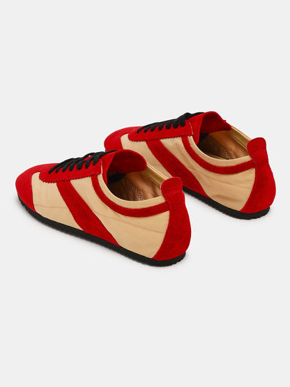 Red And Bone Cow Suede And Cloth Square-Toe Lace-Up Classic Flats Sneakers