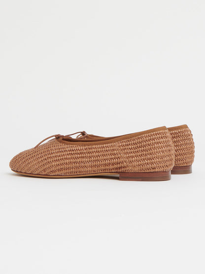 Brown Woven Round-Toe Simple Chic Ballet Flats With Front Bow