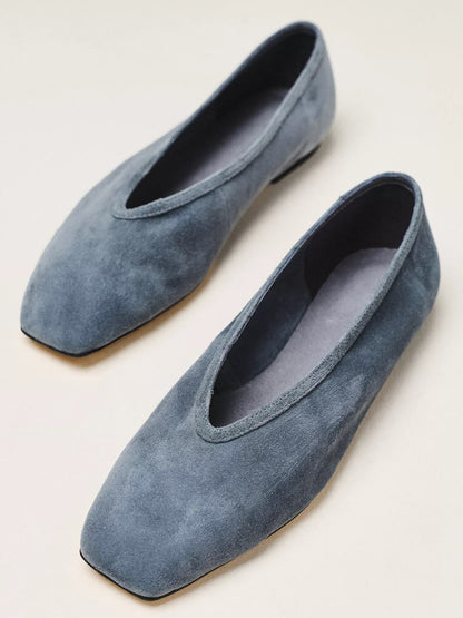 Teal Faux Suede Square-Toe Simple Slip-On Ballet Flats