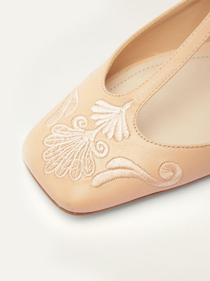Beige Square-Toe Middle Strap Chic Embroidery Ballet Flats