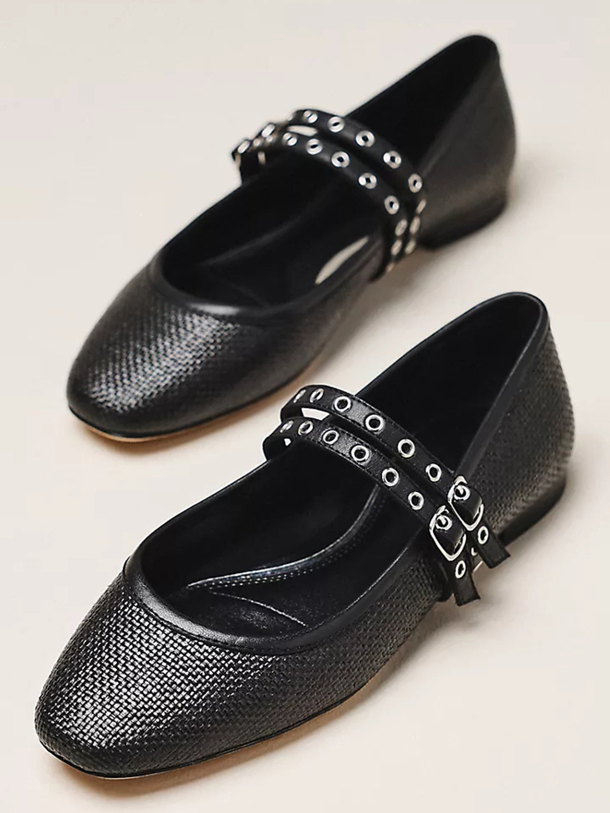 Black Grass Woven Square-Toe Double Mary Jane With Eyelets Ballet Flats