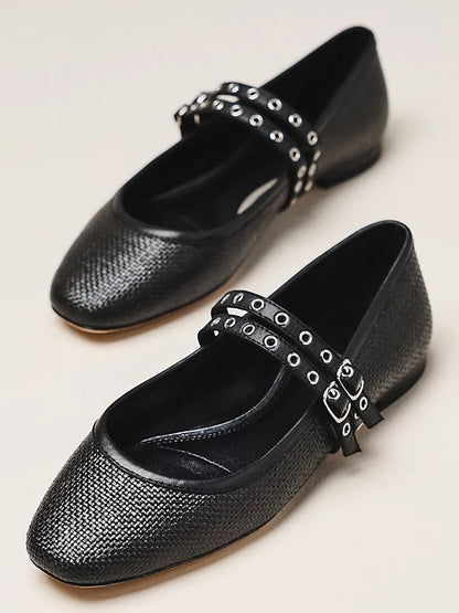 Black Grass Woven Square-Toe Double Mary Jane With Eyelets Ballet Flats