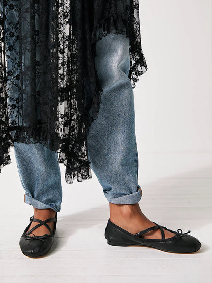 Black Round-Toe Front Bow Crossed Straps Ballet Flats