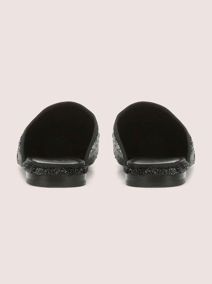 Metallic Black Square-Toe Chic Backless Simple Flats