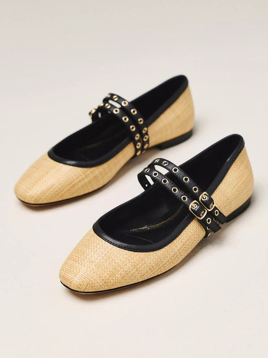 Natural Grass Woven Square-Toe Double Mary Jane With Eyelets Ballet Flats