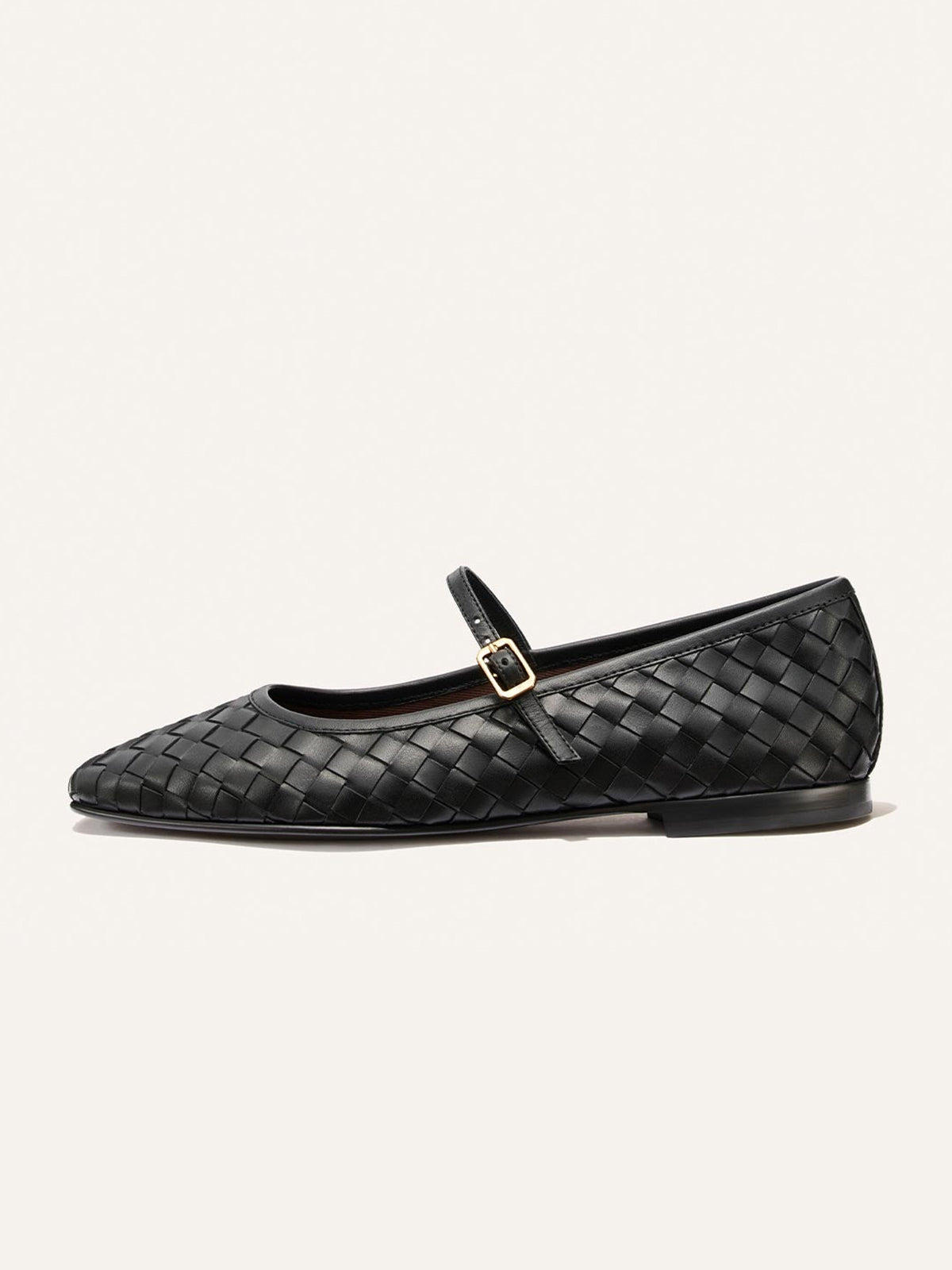 Black Woven Vegan Leather Square-Toe Mary Jane Chic Ballet Flats
