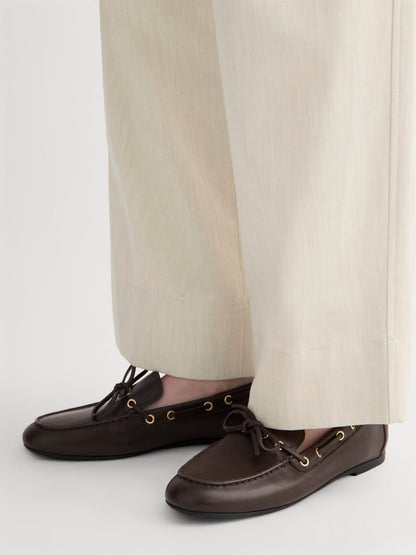 Dark Brown Round-Toe Front Bow And Lace Edge With Eyelets Flats