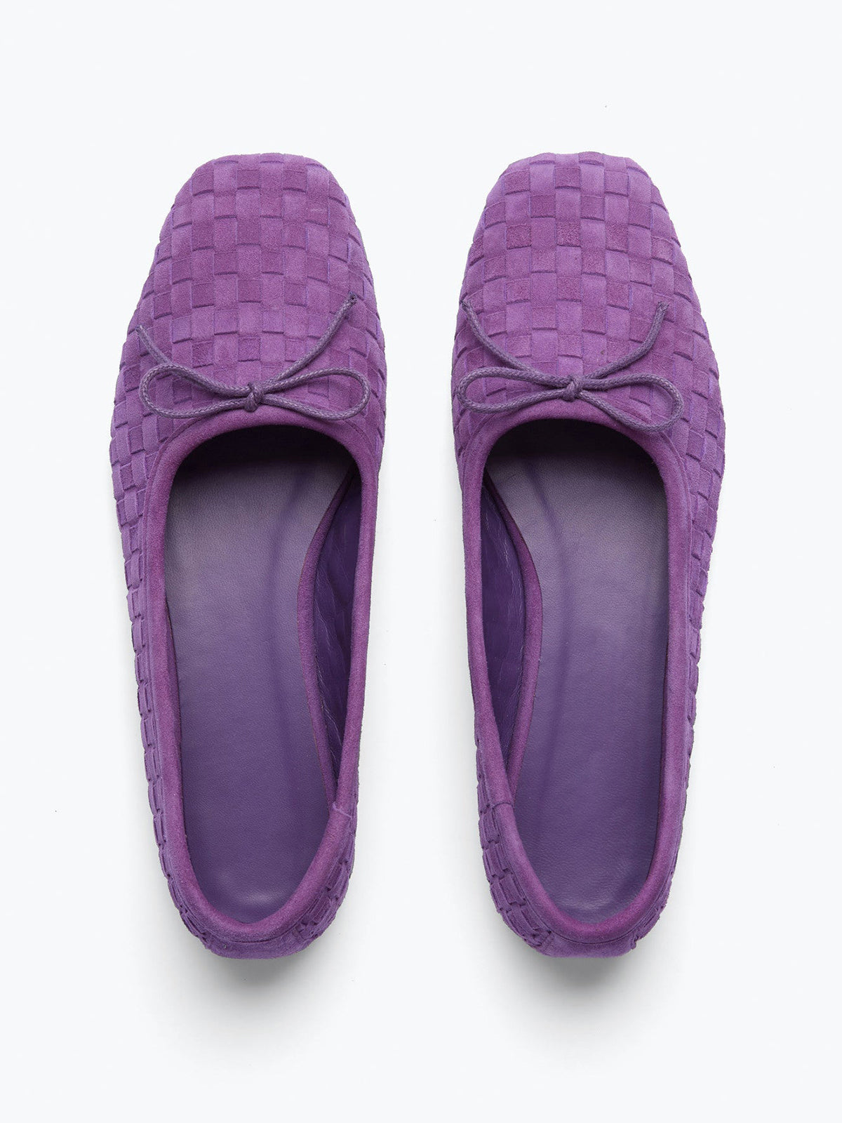 Woven Faux Suede Square-Toe Front Bow Slip-On Ballet Flats - Purple