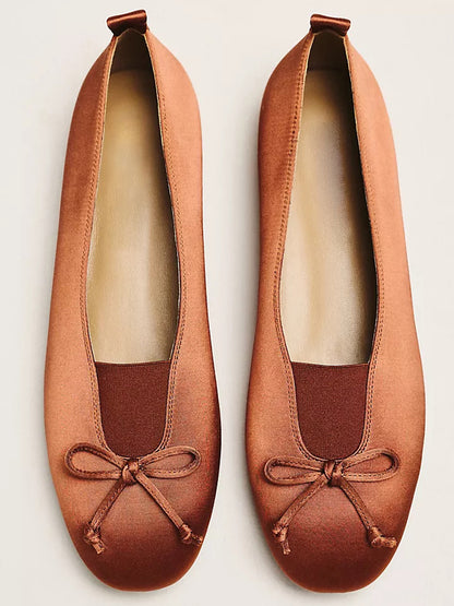 Caramel Square-Toe Front Bow Elastic Ballet Flats